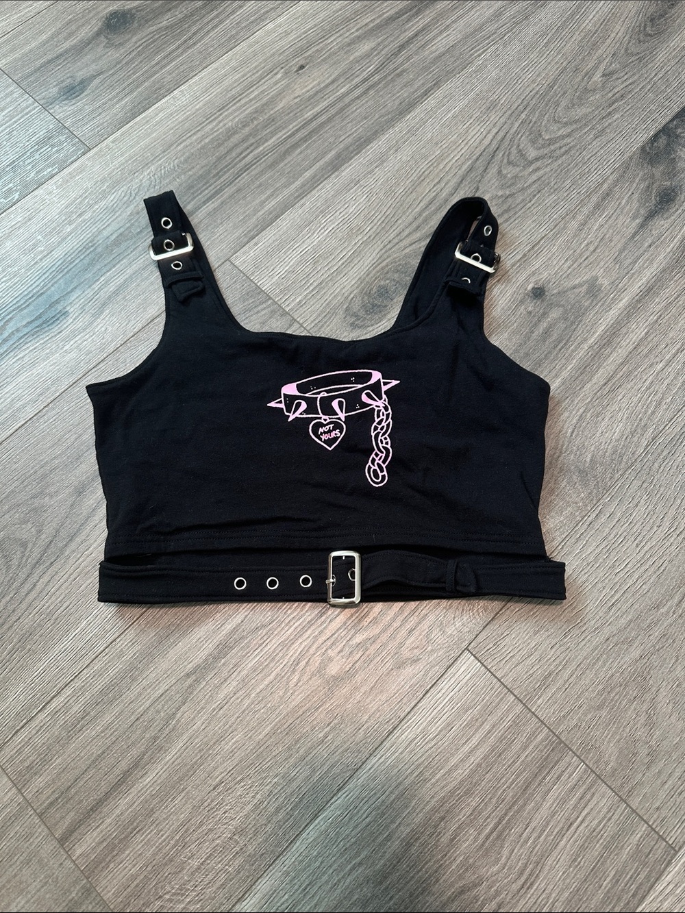 Swixxz Black Cropped Buckle Tank with Pink Heart Graphic
